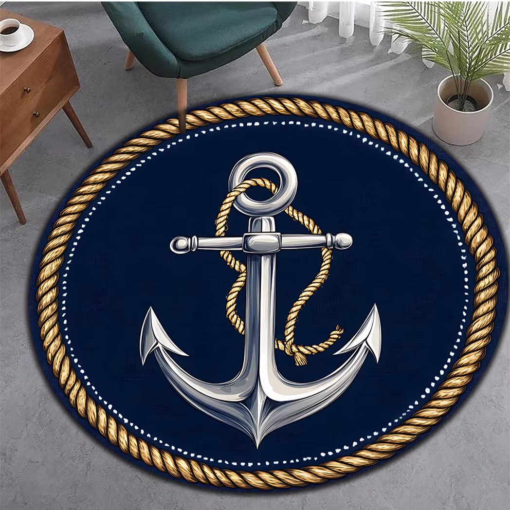 Tapis rond à motif d'ancre et de corde bleu marine, tapis antidérapant doux et lavable pour salon, c