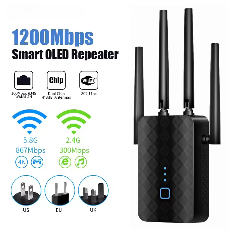 Répéteur WiFi sans fil double bande 2.4G 5GHz, 1200Mbps, extension WiFi 802.11ac, amplificateur Giga
