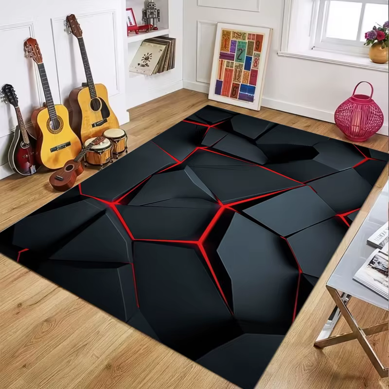 Tapis géométrique noir et rouge, motif polygonal 3D effet fissures, futuriste et audacieux, pour la 