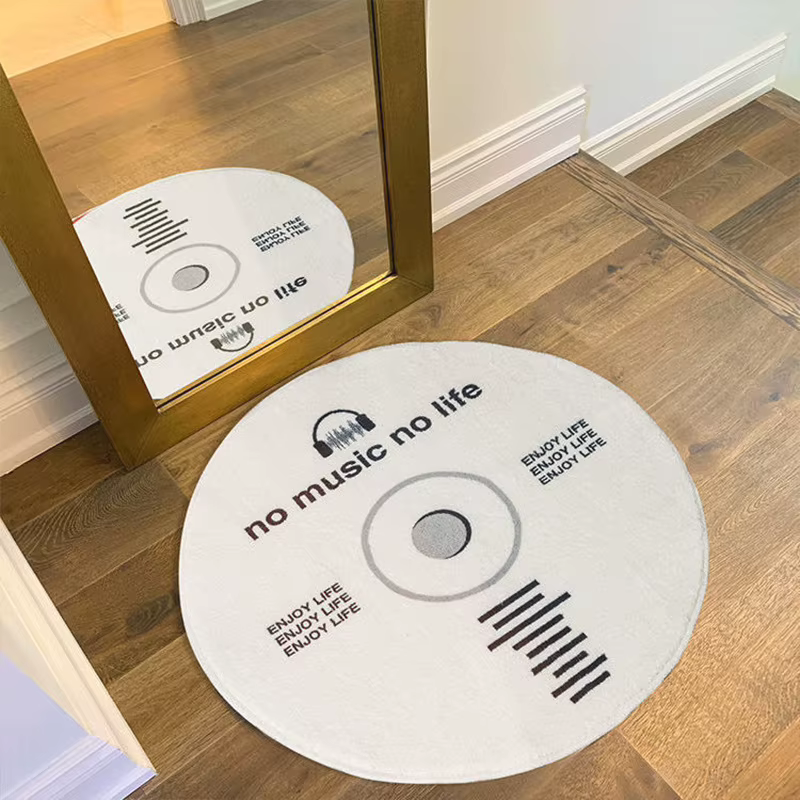 Tapis rond à motif de disque vinyle, tapis de sol avec lettres imprimées, décoration de maison, thèm