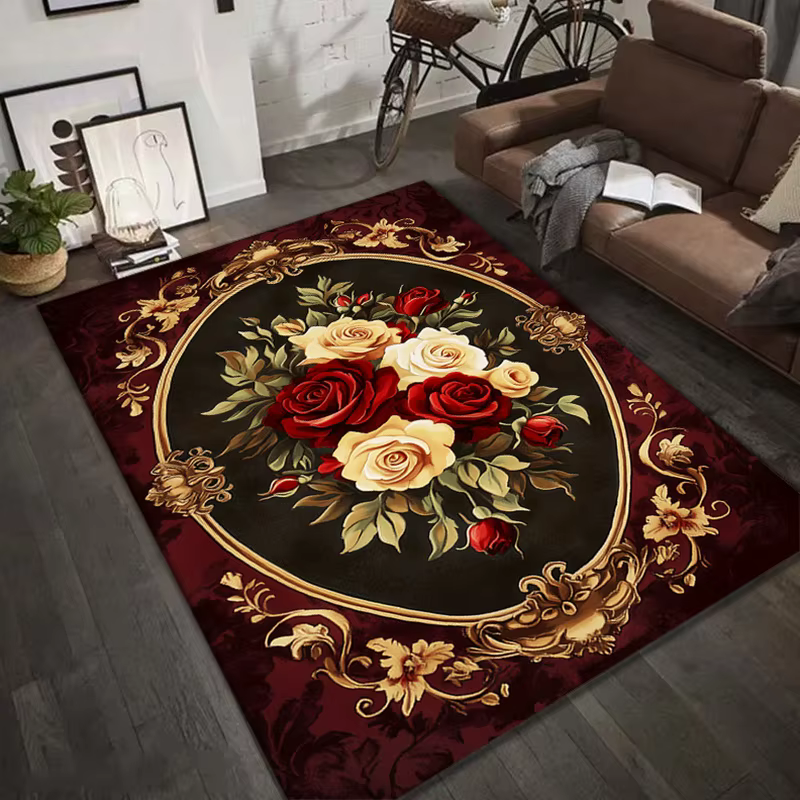 Tapis de sol de luxe à fleurs rétro, Design Rose rouge et blanc, pour entrée, chambre à coucher, sal