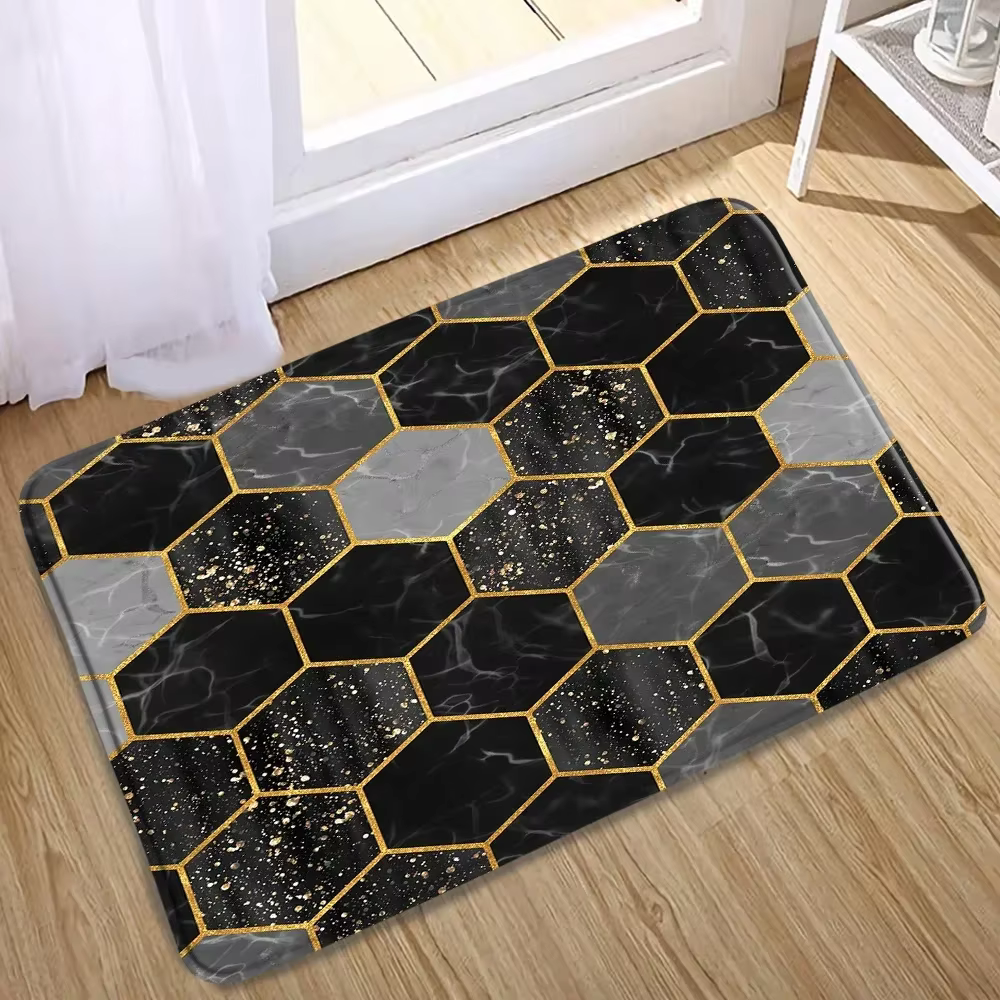 Tapis de bain en marbre noir et blanc abstrait, ensemble de polymères créatifs, géométrique, Bergame