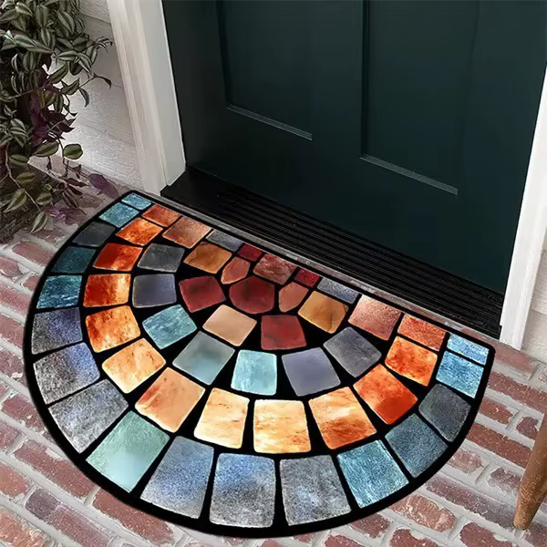 Tapis d'entrée semi-circulaire en mosaïque de vitrail, antidérapant, absorbant, doux, rétro, coloré,