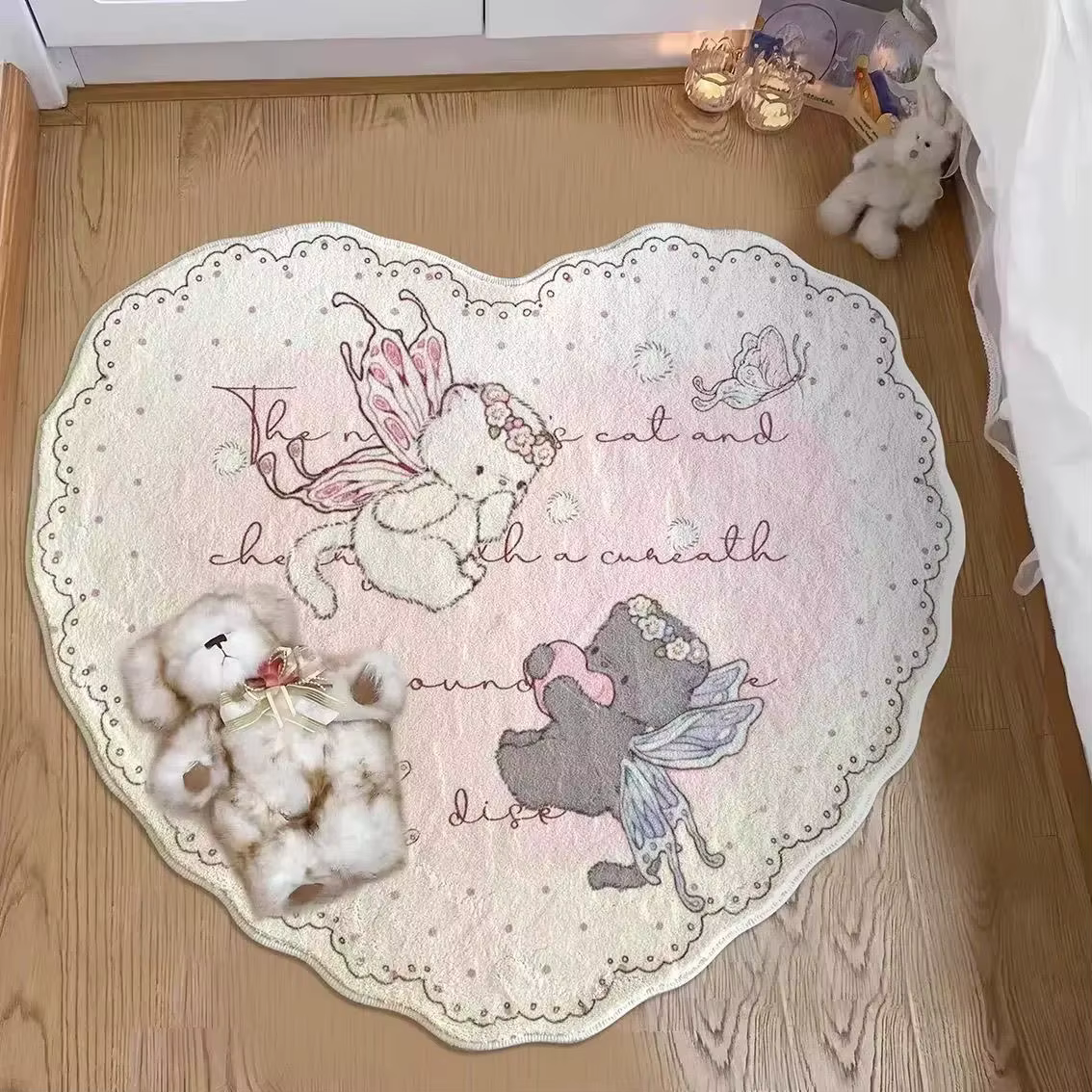 VIKAMA Tapis de chevet pour filles, mignon en forme de cœur, pour chambre à coucher, en faux cachemi