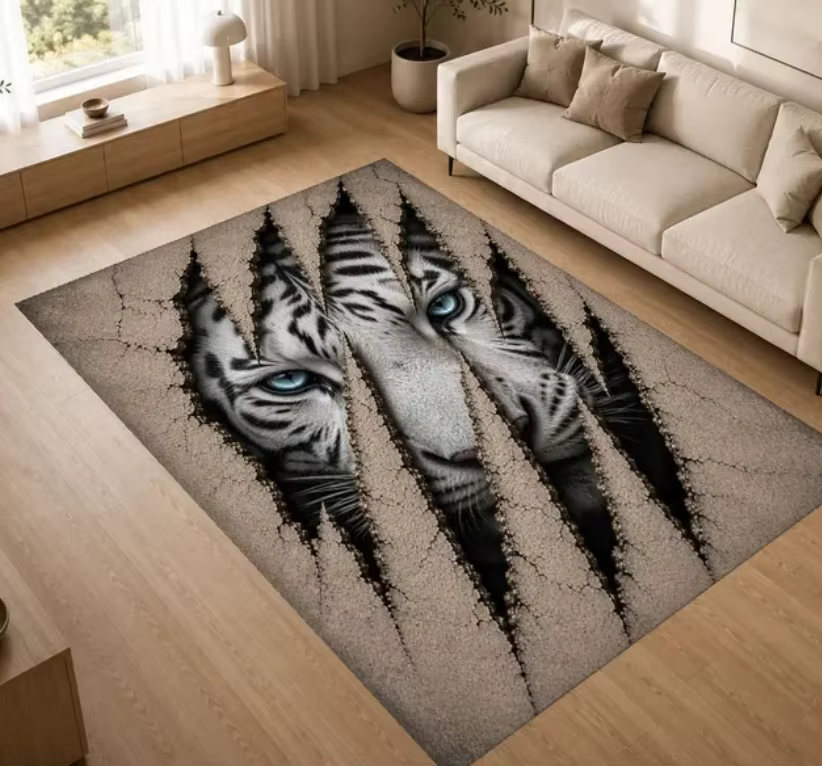 Tapis Tigre Rouge Style Oriental, Motif Animal Audacieux, Lavable Antidérapant pour Salon-Chambre, T