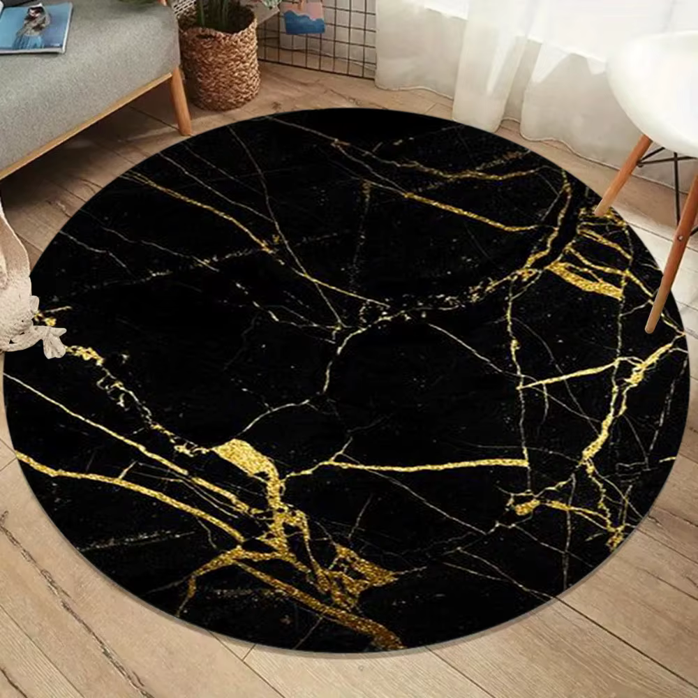Tapis rond luxueux en marbre noir et or, doux et antidérapant, décoration de sol de Style nordique p