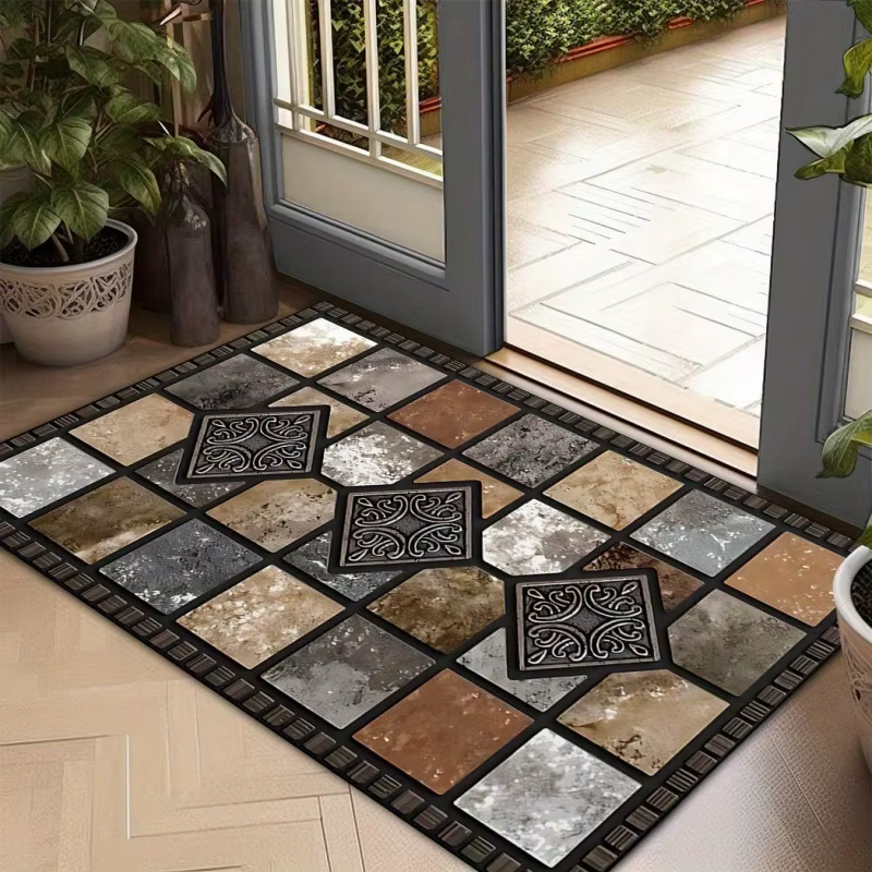 Tapis d'entrée en feutre grand format à motif mosaïque imitation pierre, antidérapant et imperméable