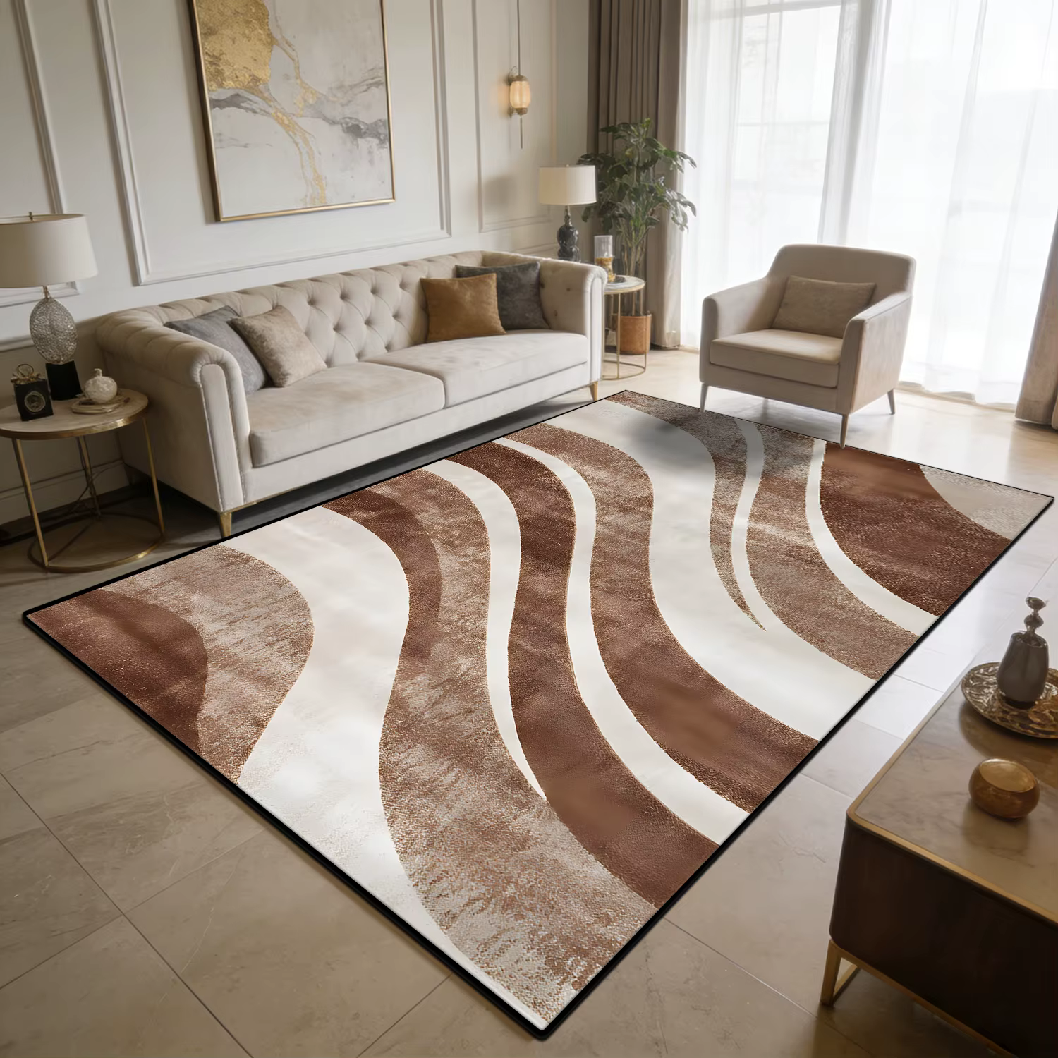Tapis de salon moderne de style luxe léger, grande taille, décoration artistique incurvée, lavable e
