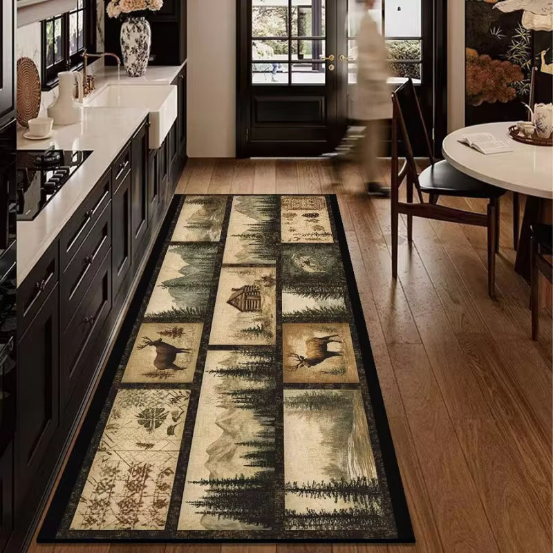 VIKAMA Tapis de sol vintage à motif d'animaux de la forêt, lavable et antidérapant pour la cuisine,