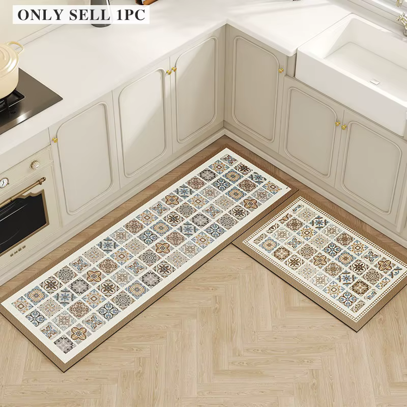 Tapis de sol de cuisine en PVC, imperméable, résistant à l'huile, antidérapant, en cuir, beige, à mo