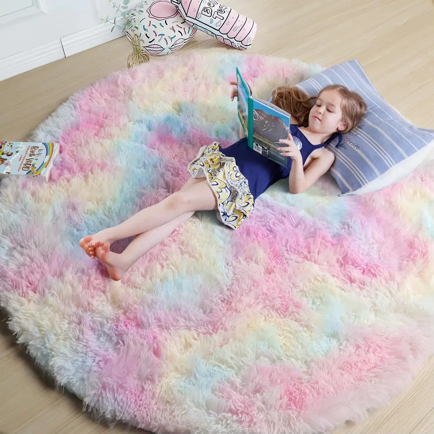 Vikama Tapis rond rose pour chambre de fille, tapis circulaire moelleux pour chambre d'enfants, tapi