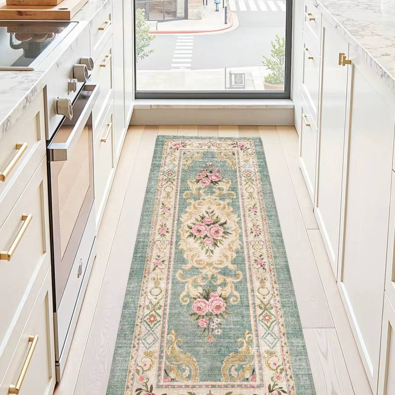Tapis de couloir en feutre vintage vert rose à motif floral, antidérapant, lavable, style ferme, pou