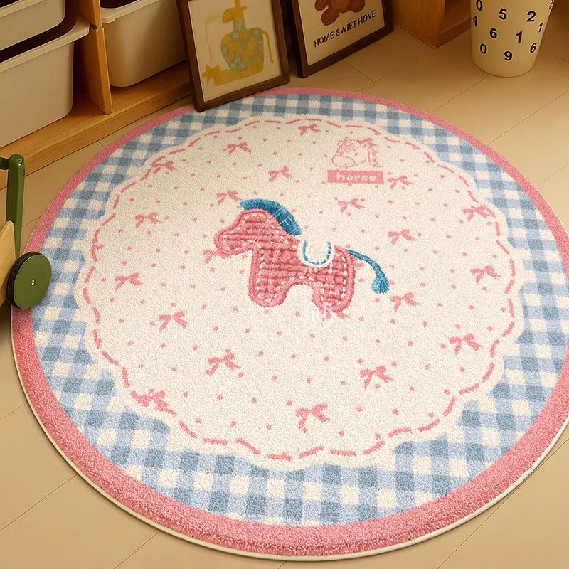 Tapis rond imprimé poney rose Kawaii, tapis doux antidérapant avec bordure à carreaux bleus, tapis d
