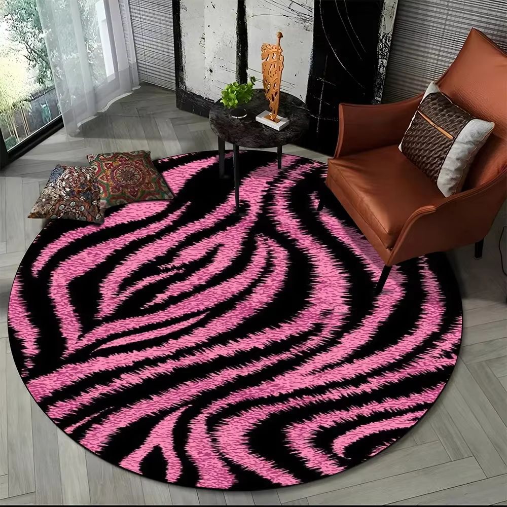 Tapis rond imprimé à rayures zébrées roses, motifs de peau d'animaux, cercle, décoration de maison, 