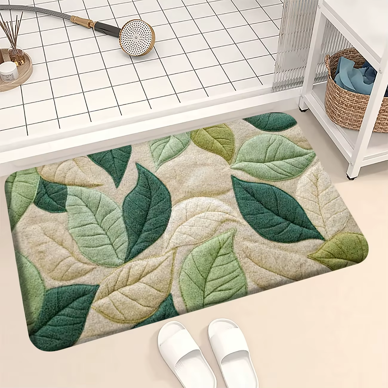Tapis de bain à motif de feuilles vertes, tapis antidérapant en flanelle douce, pour salle de bain, 