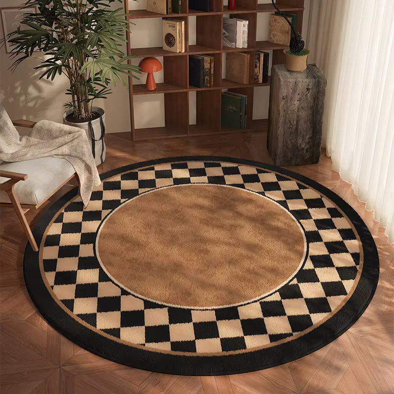 Tapis rond classique à damier noir et marron, doux, antidérapant, pour salon, chambre à coucher, déc
