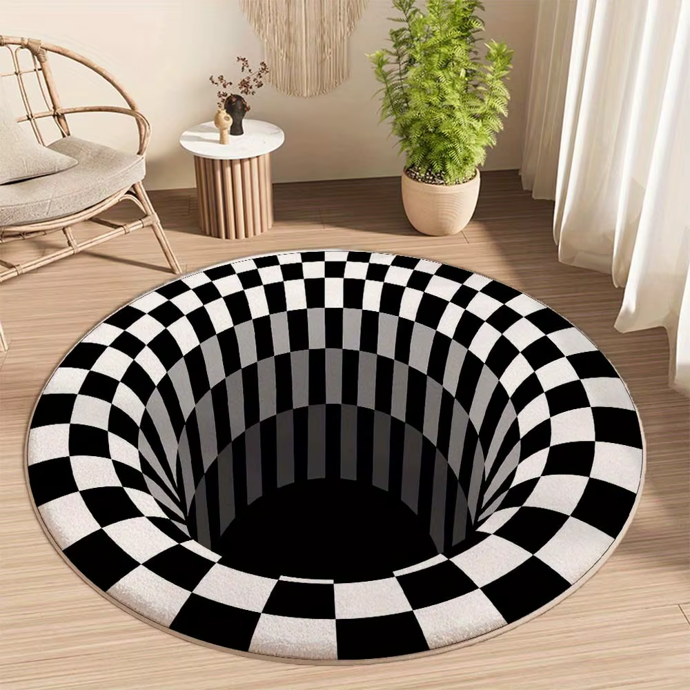 Tapis rond à motif damier 3D noir et blanc, tapis de sol antidérapant pour salon, chambre à coucher,