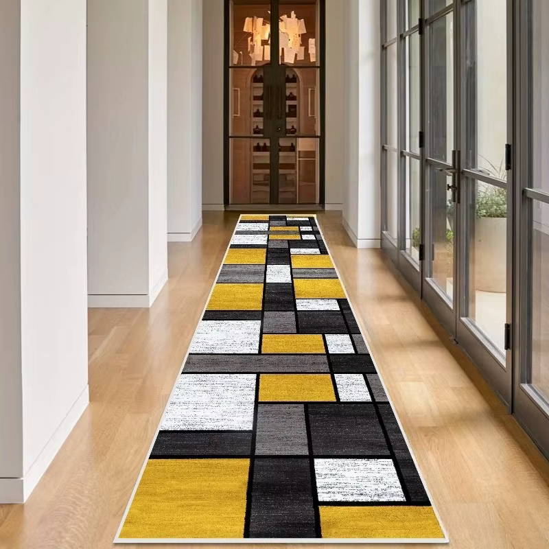 VIKAMA Tapis de couloir géométrique moderne jaune et gris, antidérapant, long, pour entrée, couloir,
