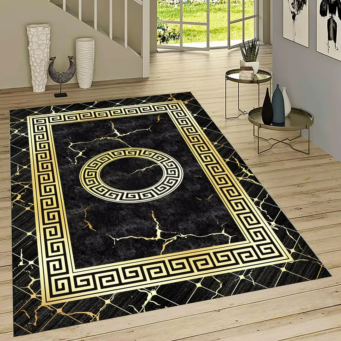 Tapis à Motif grec noir et doré, tapis de sol antidérapant à motif de marbre, adapté au salon, une c