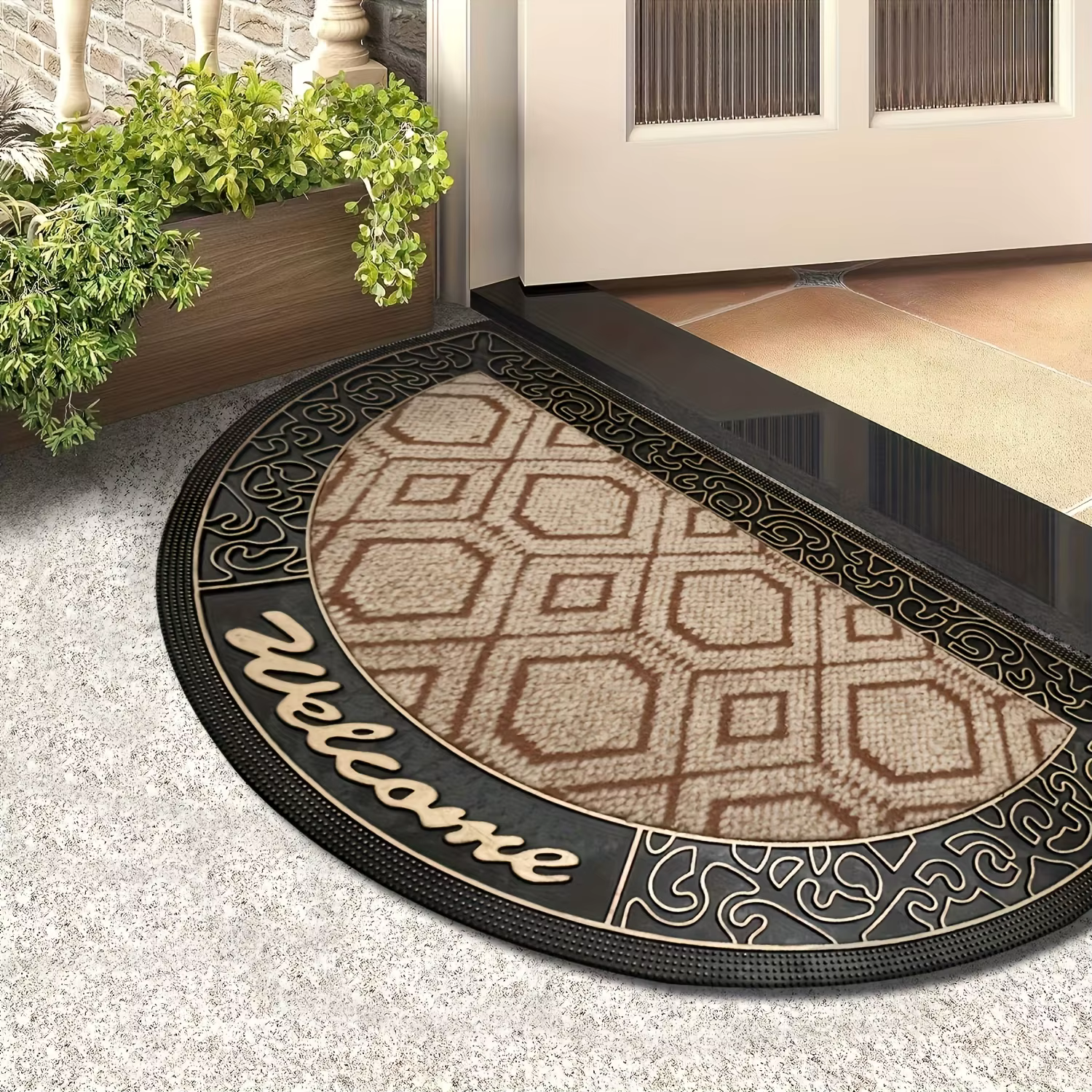Tapis de bienvenue demi-rond rustique marron beige style ferme, décoration d'intérieur, paillasson a