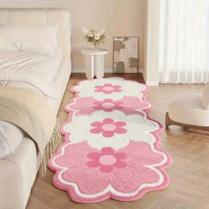 Tapis rose à motif floral pour décoration de chambre à coucher, en peluche épaisse, tapis de sol de