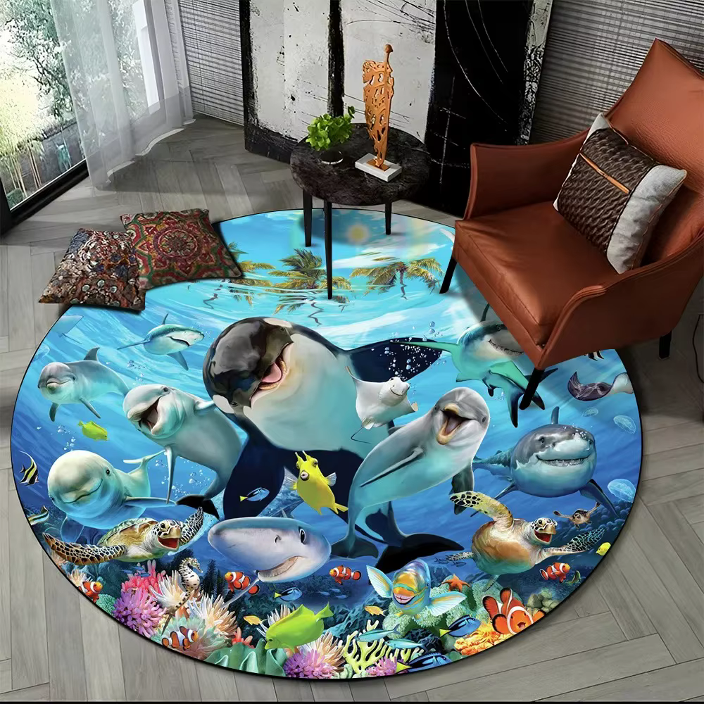Tapis rond de dessin animé de dauphin du monde sous-marin, antidérapant, pour salon, chambre à couch