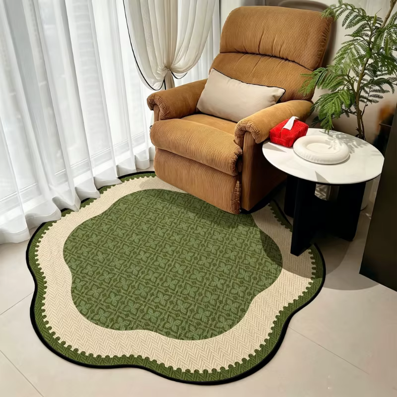 Tapis de salon rond, motif de plantes vertes irrégulières, tapis résistant aux taches et à l'usure, 