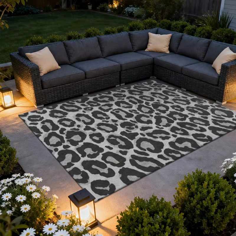 Tapis d'intérieur/extérieur gris et blanc à imprimé léopard, imperméable, antidérapant, pour patio,