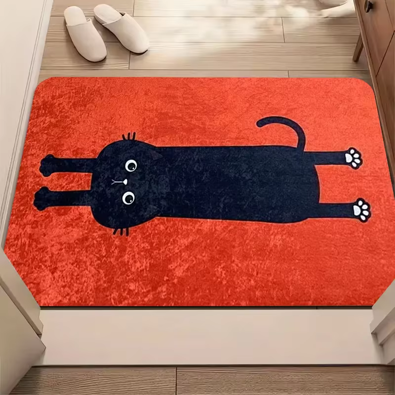 Paillasson imprimé chat noir de dessin animé, tapis de bienvenue amusant, doux et antidérapant, pour