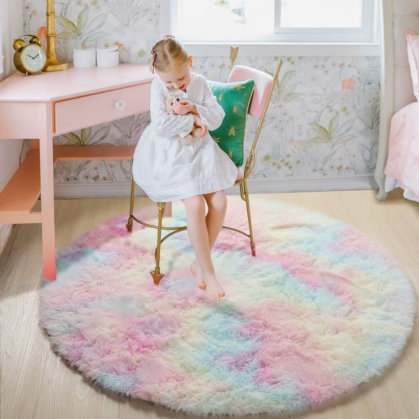 Tapis rond arc-en-ciel 60/80/100/120/140/160, doux et moelleux, pour chambre d'enfants et de filles,