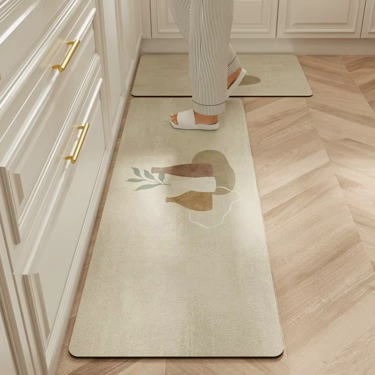 Tapis de sol imperméable pour cuisine, Beige, en cuir Pvc, antidérapant, résistant à l'huile, longs 