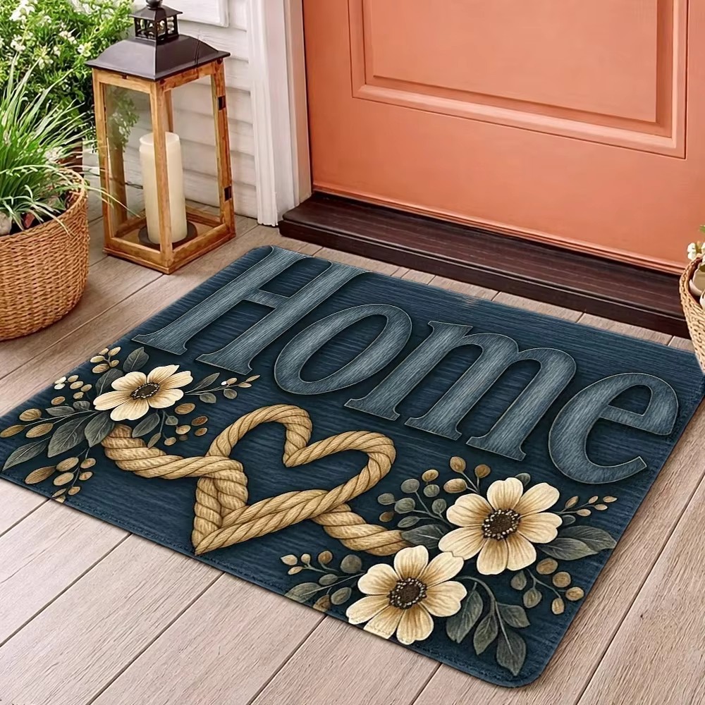 Tapis de sol rustique « Home Sweet Home » bleu à texture bois, paillasson de bienvenue pour salon, b