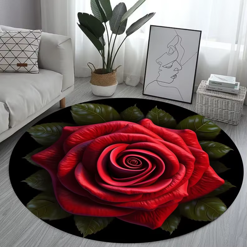 Tapis rond motif rose rouge, tapis antidérapant, tapis rond en peluche, tapis doux antidérapant pour