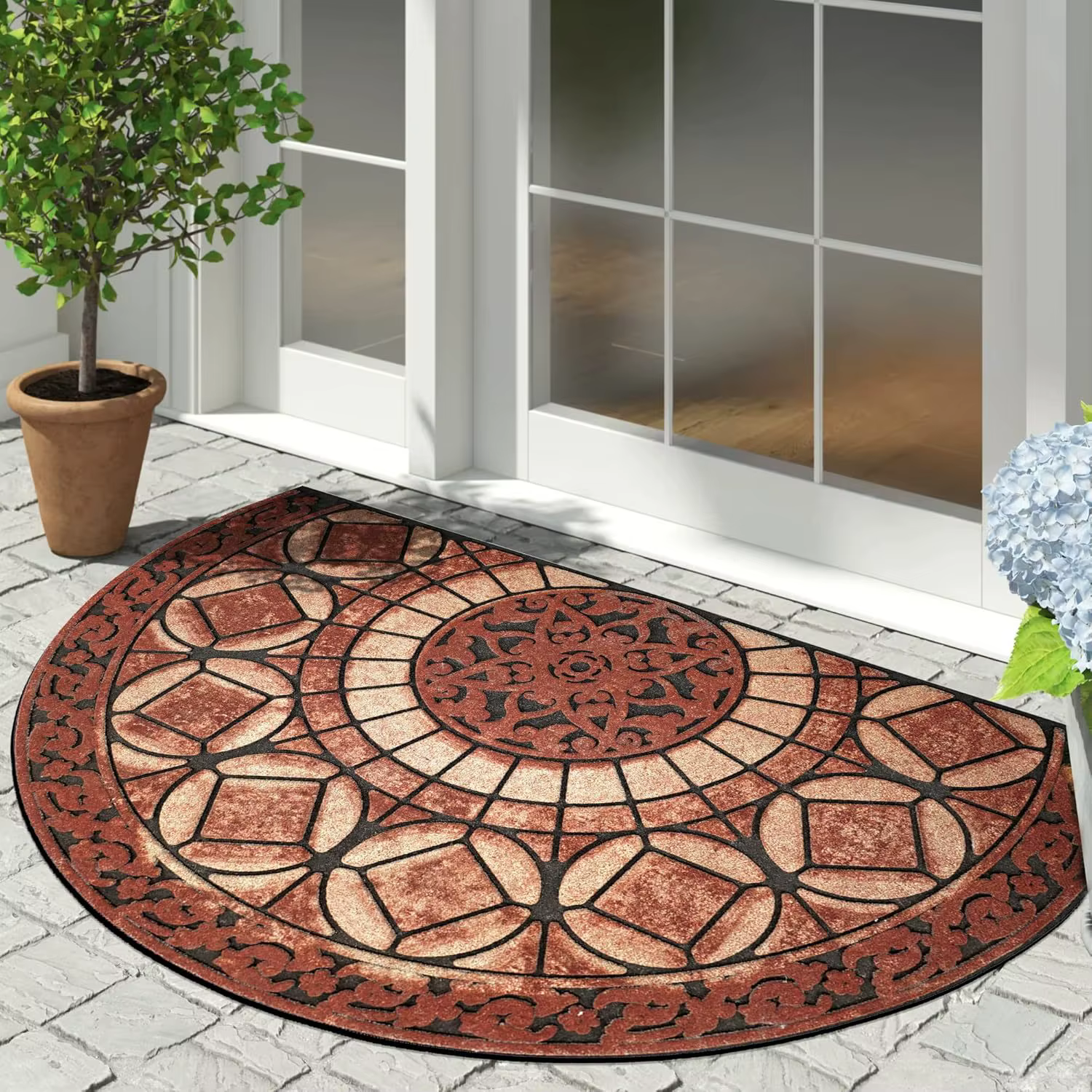 Tapis demi-rond en terre cuite bohème, antidérapant et durable, tapis géométrique antique en demi-ce