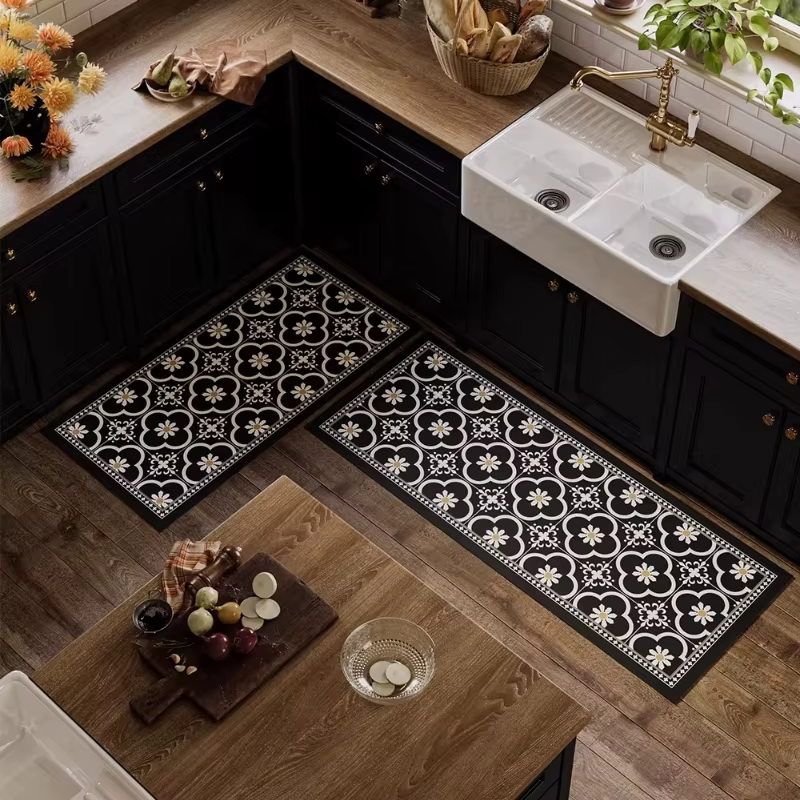 Tapis de cuisine en PVC imperméable, résistant à l'huile, antidérapant, en cuir, imprimé, style amér