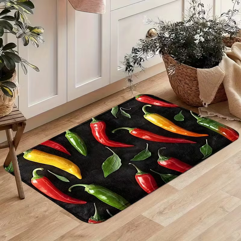 Tapis de cuisine au poivre rouge, vert et jaune, tapis de sol antidérapant en polyester lavable pour