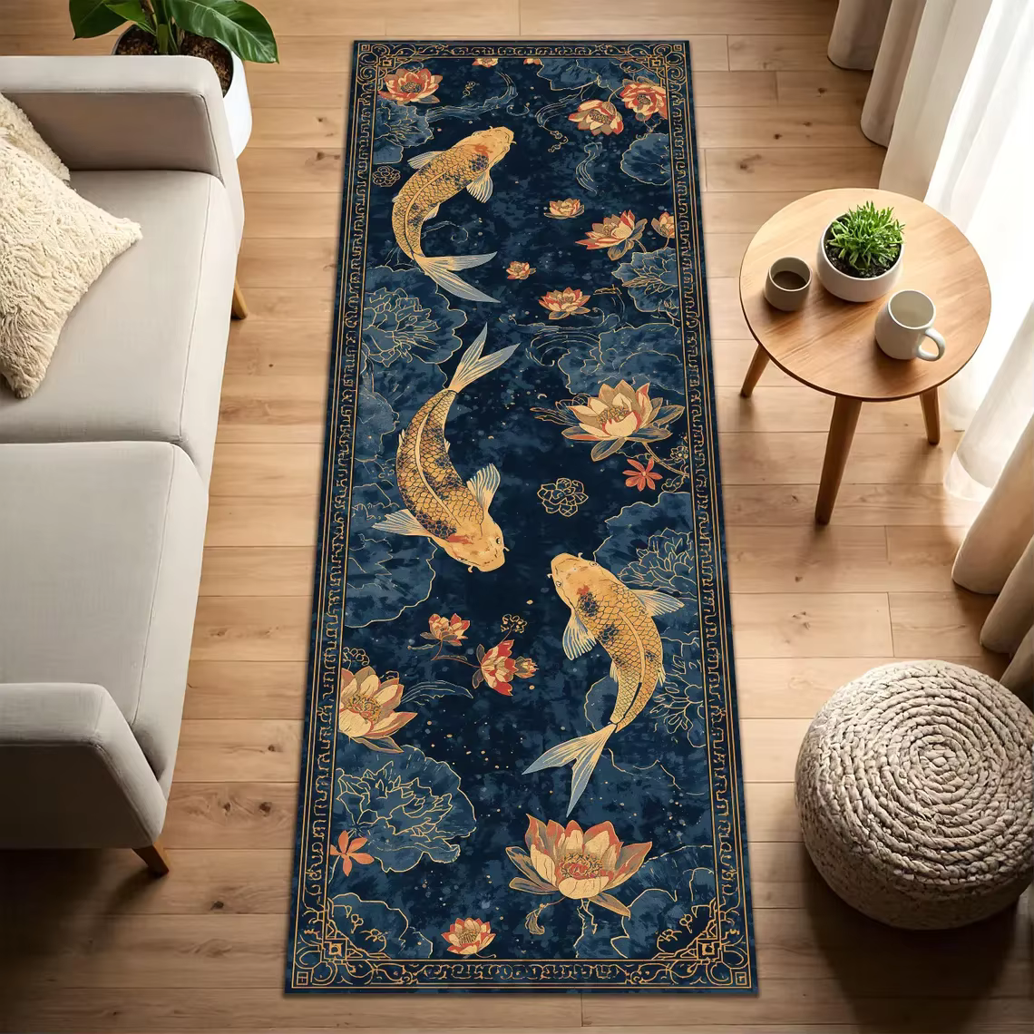 Tapis de Couloir Oriental Sérénité Bleu Marine avec Poissons Koi Dorés et Lotus Roses – Décoration Z