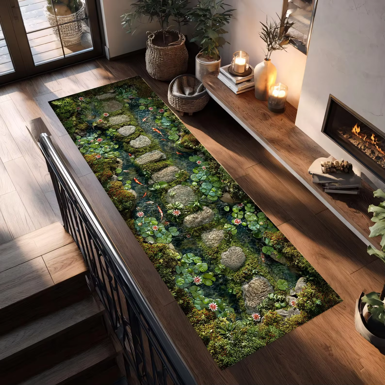 Tapis antidérapant 3D Poisson Koi pour couloir, salon, chambre, cuisine, buanderie, entrée, porte, d