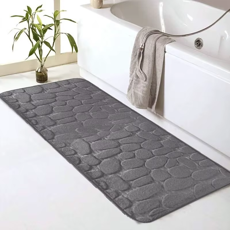 Tapis de salle de bain long, texture galet noir, antidérapant, absorbant l'eau, doux, résistant à l'