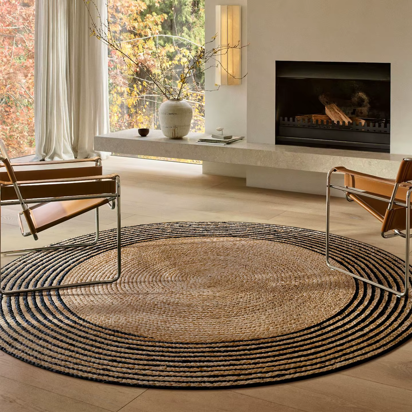Tapis rond en jute personnalisable, tissé à la main, rayé, épaisseur 8 mm, sans colle, écologique, s