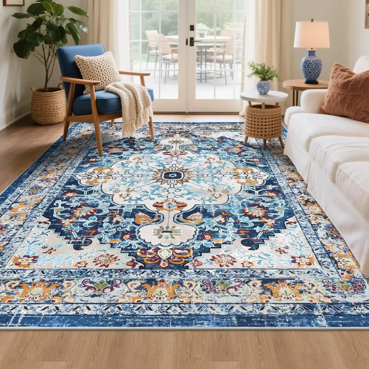 VIKAMA Tapis oriental persan vintage avec motif floral, tapis antidérapant, idéal pour le salon et l