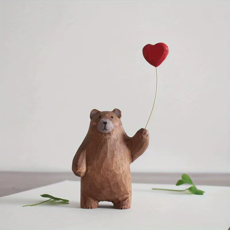 Figurine d'ours en bois avec ballon en forme de cœur – Décor de bureau fait à la main, idée cadeau m