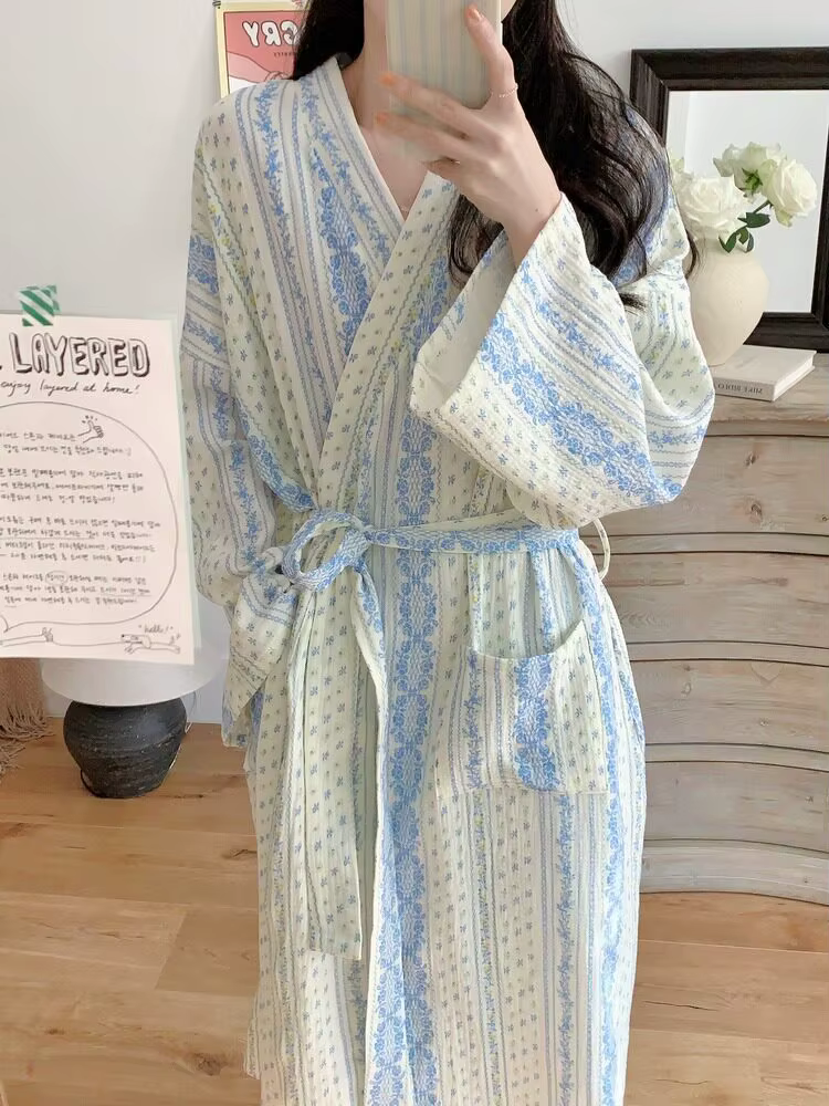 Peignoir pour femme : Robe kimono rayée à manches longues toutes saisons – Pyjama et vêtements de dé