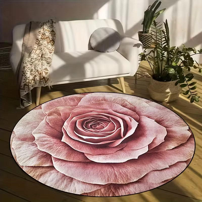 Tapis rond rose doux, motif de fleurs réalistes, antidérapant, pour chambre à coucher, salon et sall