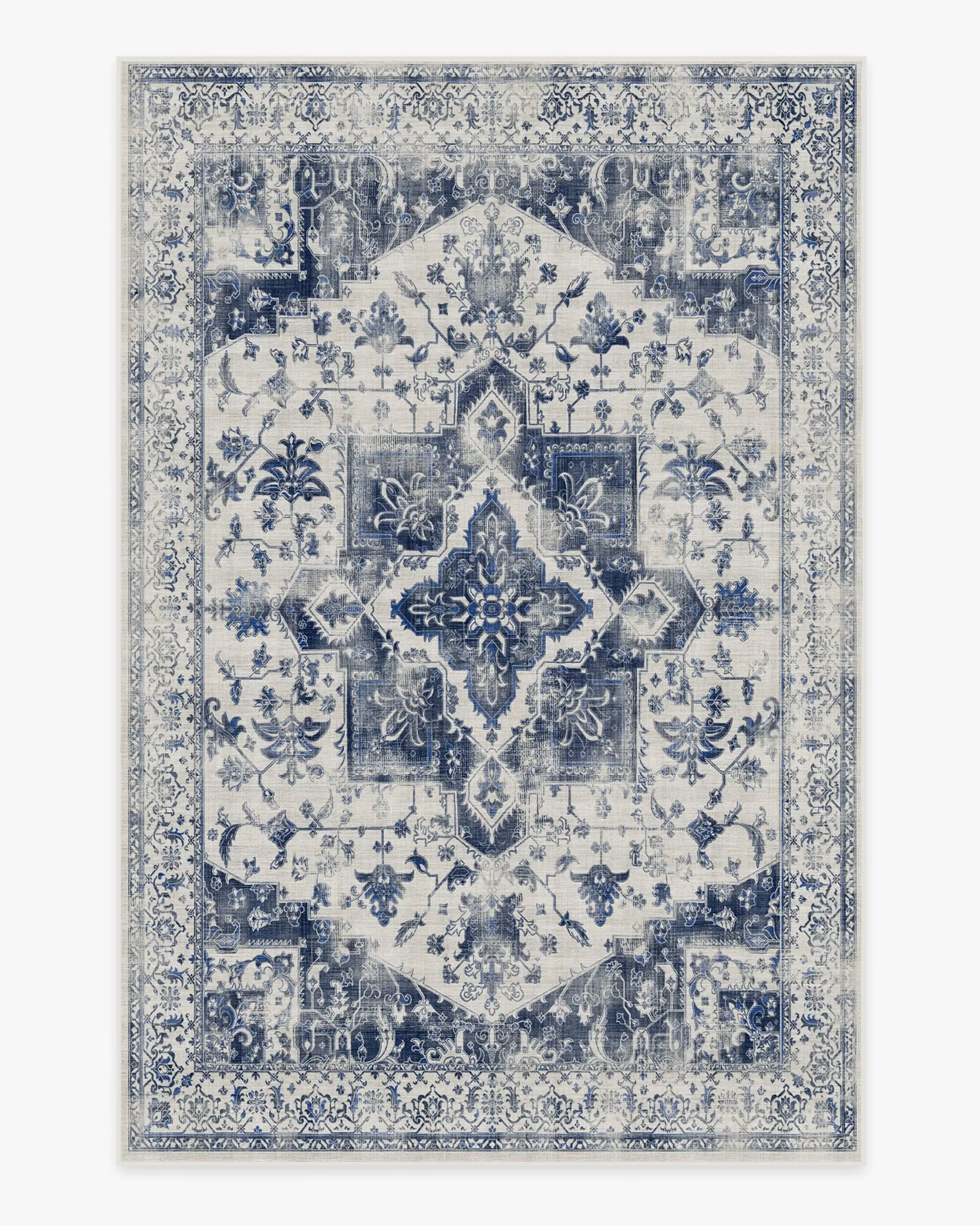 Tapis d'intérieur vintage Lea bleu lavable, style financier, antidérapant, traditionnel, degré de ta