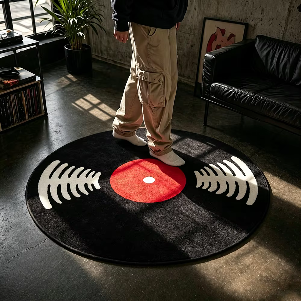 Tapis rond en vinyle, style rétro, sur le thème de la musique, pour chambre à coucher, tapis de sol,