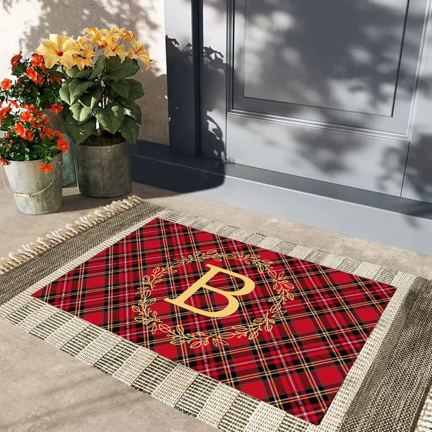 Tapis de porte personnalisé en Tartan de noël, nom de famille personnalisé, couronne de feuilles ini