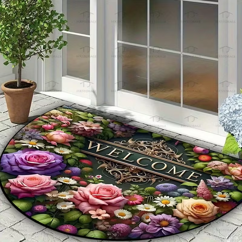 Tapis d'entrée demi-rond à motif marguerite et rose, idéal pour salon, chambre, cuisine, décoration