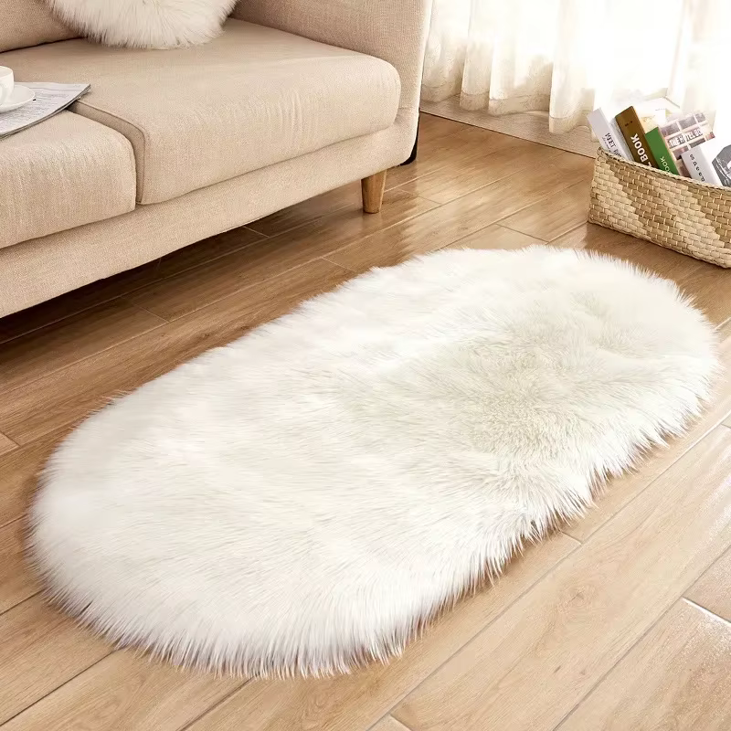 Tapis de luxe en fausse fourrure, grand tapis en peluche douce et moelleuse en velours noir et blanc