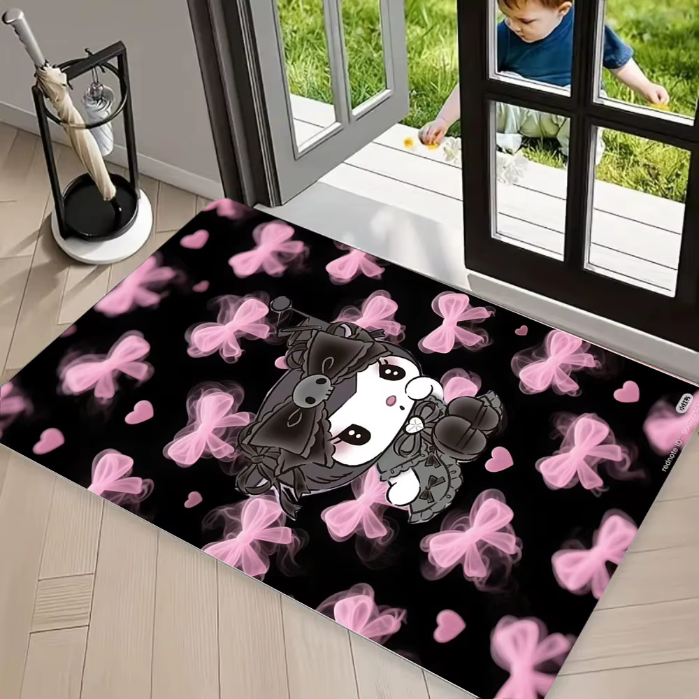 Tapis de sol Kuromi noir et rose avec nœud, antidérapant, imprimé dessin animé gothique mignon, lava